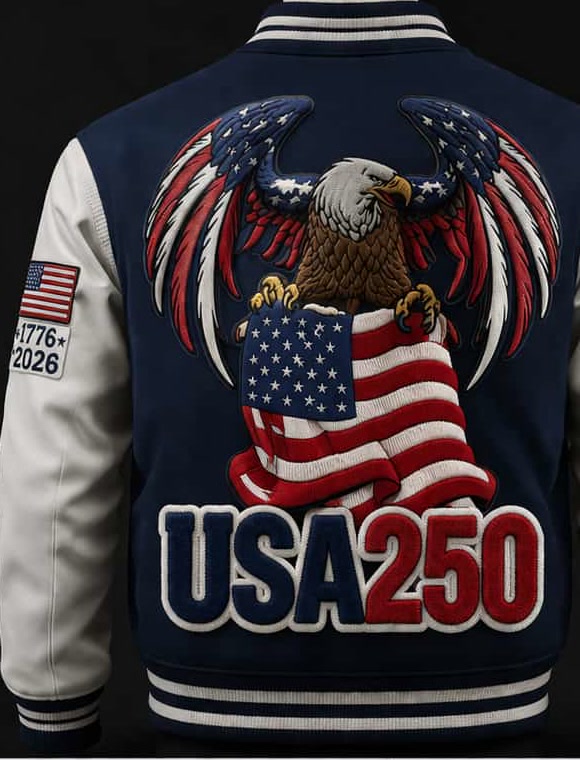 USA250 varsity jacket — back view with embroidered eagle holding US flag and USA250 chenille wordmark