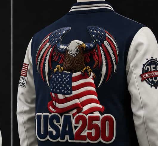 Three-quarter view of the USA250 jacket with Semiquincentennial 250 sleeve patch